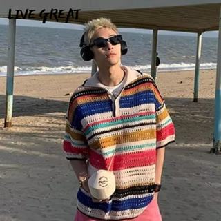 LIVE GREAT อเมริกันย้อนยุคสีลายกลวงถักเสื้อสเวตเตอร์ผู้ชายฤดูร้อนใหม่ปกหลวมบุคลิกภาพสบาย ๆ แฟชั่นน้ำขึ้นน้ำลง