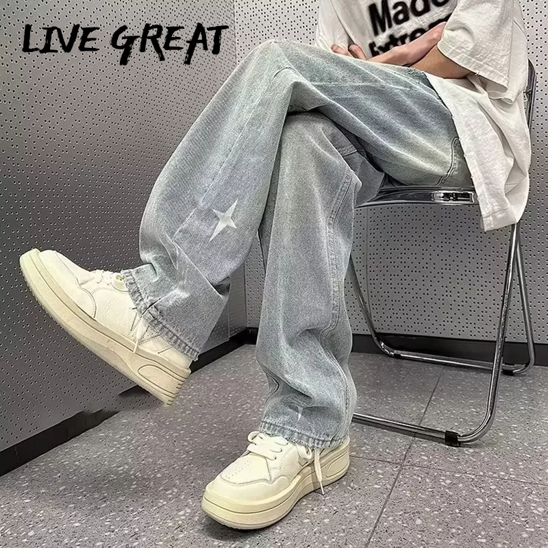 live-great-กางเกงผู้ชายแฟชั่นอินเทรนด์ใหม่สไตล์อเมริกันสตรีทพิมพ์กางเกงขาตรงหลวม-ๆ-กางเกงยีนส์ซักทุกแมตช์