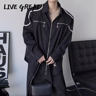 LIVE GREAT  เสื้อเชิ้ตผู้ชาย, แฟชั่นอินเทรนด์ใหม่, ดีไซน์เฉพาะแนวสตรีทของอเมริกา, เสื้อแขนยาว, เสื้อเชิ้ตปกหลวมแบบลำลอง