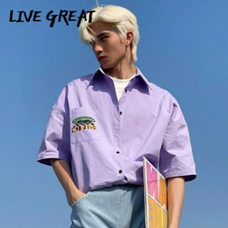 LIVE GREAT เสื้อเชิ้ตคอพับทรงหลวมอินเทรนด์ถนนแฟชั่นดีไซน์ดั้งเดิมแขนสั้นลำลองเรียบง่าย