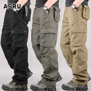 ASRV กางเกงผู้ชาย กางเกงคาร์โก้ผู้ชาย ผ้าฝ้ายแท้ ทรงตรง เรียบง่าย แฟชั่นหลายกระเป๋า กางเกงลำลองกีฬา