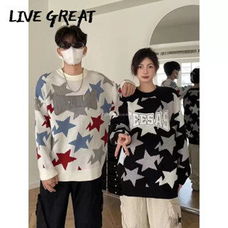 LIVE GREAT เสื้อสเวตเตอร์ผู้ชาย เทรนด์ใหม่ แฟชั่นอเมริกัน เรโทร เสื้อกันหนาวพิมพ์ลาย หลวม ลำลอง คอกลม เสื้อแขนยาว สเวตเตอร์