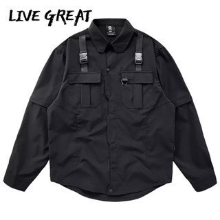 LIVE GREAT เสื้อเชิ้ตผู้ชาย, แฟชั่นอินเทรนด์ใหม่, ดีไซน์แนวสตรีท, เสื้อแขนยาว, ลำลองหลวม, เสื้อเชิ้ตปก