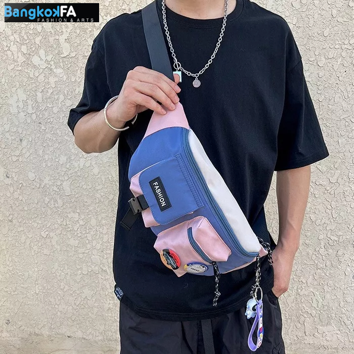 bangkoklist-ba1853-กระเป๋าสายคาดอกสีทรูโทน-ป้าย-fashion-แถมเข็มกลัด