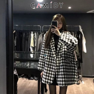 Camidy ฤดูใบไม้ร่วงและฤดูหนาวใหม่หลวมเสื้อโค้ทขนสัตว์ผู้หญิง houndstooth ตารางกลางความยาวทวีดเสื้อโค้ทขนสัตว์เสื้อเบลเซอร์แนวโน้มของผู้หญิง