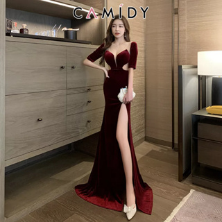 Camidy เซ็กซี่ต่ําตัดกํามะหยี่ชุดอารมณ์ backless สูงกรีดซับผู้หญิงกระโปรงยาวจัดเลี้ยงรถรุ่นชุดราตรี