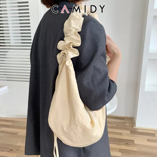 Camidy กระเป๋าเมฆจีบเรียบง่ายสไตล์เกาหลีขนาดเล็กสดวรรณกรรมผ้าไนลอนกระเป๋าสะพายไหล่หูรูดสายสะพายไหล่กระเป๋าผ้า Messenger