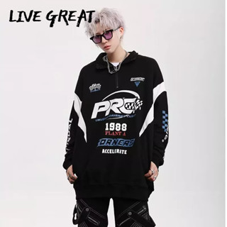 LIVE GREAT เสื้อกันหนาวผู้ชาย เทรนด์ใหม่ แฟชั่นอเมริกัน หลวม แข่งรถจักรยานยนต์ การออกแบบ ความรู้สึก แจ็คเก็ตเฉพาะ หลวม เสื้อสเวตเตอร์แบบสบาย ๆ ทั้งหมด