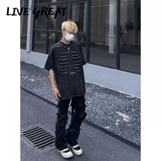 LIVE GREAT ผู้ชายใหม่เสื้อยืดอารมณ์แนวโน้มฤดูร้อนเยาวชนแนวโน้มแฟชั่นสูงพัดลมถนนสูงรอบคอด้านบน