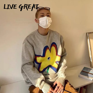 LIVE GREATเสื้อสเวตเตอร์ถักผ้าสวมหัวหนาลายดอกไม้สไตล์คู่รักย้อนยุคเรียบง่ายหลวมอเนกประสงค์