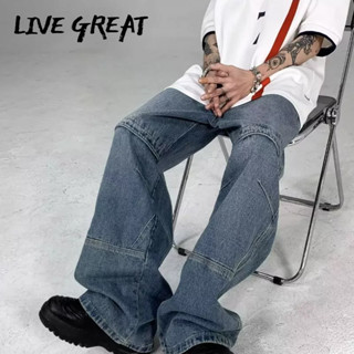 LIVE GREAT กางเกงผู้ชาย, เทรนด์ใหม่, แฟชั่น, ดีไซน์เฉพาะ, กระเป๋าเย็บ, กางเกงขากว้าง, ลำลองหลวม, กางเกงยีนส์ทรงตรงย้อนยุค