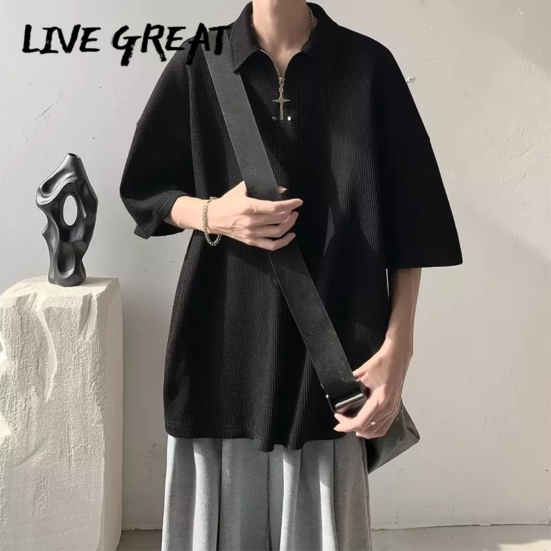 live-great-เสื้อโปโลผู้ชายวาฟเฟิลฤดูร้อนหลวมสบาย-ๆ-สีทึบอเมริกันครึ่งซิปคู่แขนสั้น