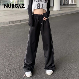 NURGAZ กางเกงขายาว กางเกงขาตรงลายทาง ขากว้างหลวมแบบผู้หญิง กางเกงวอร์มห้อยโหน