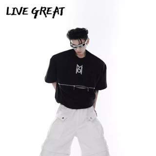 LIVE GREAT ผู้ชายเสื้อยืดอเมริกันย้อนยุคหนักฤดูร้อนเฉพาะออกแบบความรู้สึกคู่ซิปขนาดใหญ่คู่แขนสั้น