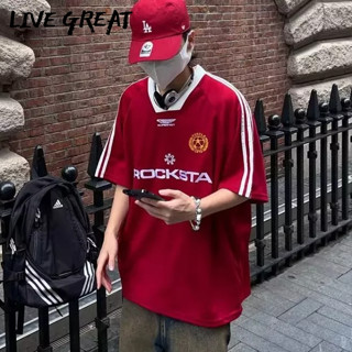 Live GREAT เสื้อแขนสั้น พิมพ์ลายตัวอักษร High Street สไตล์เรโทร อเมริกัน สําหรับผู้ชาย