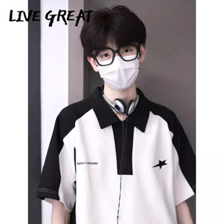 LIVE GREAT ผู้ชายเสื้อโปโลคมชัดสีเย็บสั้น-แขนย้อนยุคอเมริกันฤดูร้อนปกสไตล์วิทยาลัยหนักคู่ด้านบน