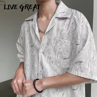 LIVE GREAT  ผู้ชายฤดูร้อนสไตล์ฮ่องกงเสื้อคอคิวบาระดับไฮเอนด์มัดย้อมหลวมอินเทรนด์หล่อฮาวายแขนสั้นลายดอกไม้ด้านบน