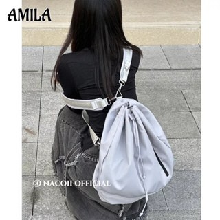 AMILA แบรนด์ดีไซเนอร์เกาหลี กระเป๋านักเรียนถังไนล่อน ไม่จำกัดเพศ ความจุสูง กระเป๋าคอมพิวเตอร์สะพายข้างแฟชั่น