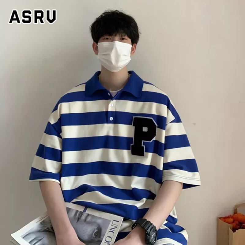 asrv-เสื้อโปโลผู้ชาย-ผู้ชายแขนสั้นลายทางแบรนด์กระแสน้ำหลวมอินเทรนด์ของญี่ปุ่นในเสื้อโปโลคู่ที่เข้ากันทั้งหมด-ชุดคู่