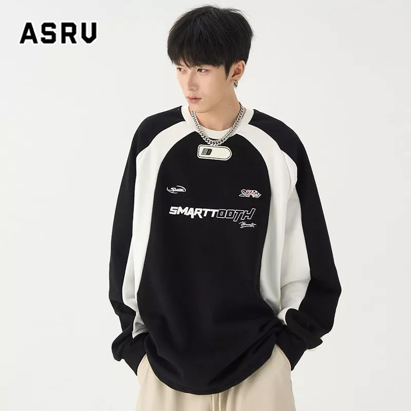 asrv-เสื้อฮู้ดผู้ชาย-2022-ใหม่สไตล์อเมริกันมอเตอร์ไซค์เทรนด์ฮิตสีคอกลมแขนยาวแฟชั่นลำลองเสื้อคู่