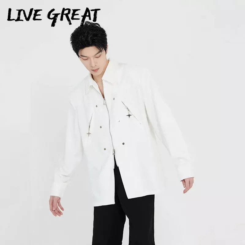 live-great-ผู้ชายเสื้อโพรงโลหะออกแบบหลวมสบายๆย้อนยุคซิปแขนยาวด้านบน