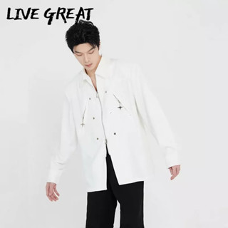 LIVE GREAT ผู้ชายเสื้อโพรงโลหะออกแบบหลวมสบายๆย้อนยุคซิปแขนยาวด้านบน