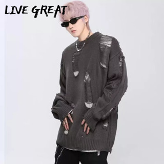 LIVE GREAT เสื้อกันหนาวผู้ชาย, แฟชั่นอินเทรนด์ใหม่, ท็อปส์ซูสไตล์อเมริกันสตรีท, เสื้อถักคอกลมหลวมสบาย ๆ