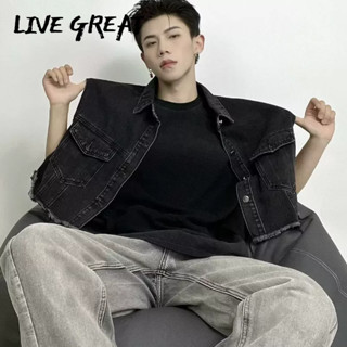 LIVE GREAT อเมริกันย้อนยุคทั้งหมด-การแข่งขันคู่-เงาถุงสั้นเสื้อกั๊กยีนส์ลำลองนักเลงหล่อซ้อนดิบขอบเสื้