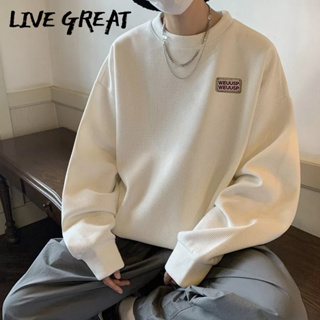 LIVE GREAT เสื้อสเวตเตอร์วาฟเฟิลผู้ชายฤดูใบไม้ร่วง 2023 ใหม่สไตล์อเมริกันย้อนยุคหนักด้านบนหลวมคอกลมลำลอง