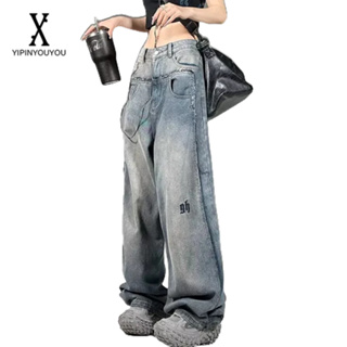 YIPINYOUYOU   กางเกงยีนส์ขายาวเอวสูงลายปักสไตล์ฮ่องกงย้อนยุคใส่ได้ทั้งชายและหญิง