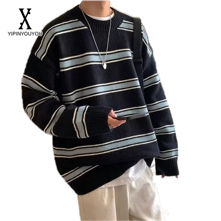 yipinyouyou-เสื้อสเวตเตอร์ผู้ชายแขนยาวแฟชั่นลำลองญี่ปุ่นลายทางหลวมคอกลมสไตล์ฮ่องกงย้อนยุคเสื้อแขนยาวถักใส่ได้ทั้งชายและหญิง