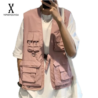 YIPINYOUYOU  2023 ชายใหม่ญี่ปุ่น Hip-Hop Rap เสื้อกั๊กอเนกประสงค์ยุทธวิธี Multi-Pocket เสื้อกั๊กทั้งชายและหญิงสามารถสวมใส่