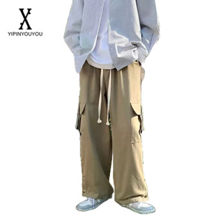 YIPINYOUYOU กางเกงขายาวผู้ชายออกแบบเฉพาะหน้าอกสบาย ๆ อินเทรนด์หลายกระเป๋าตรงกางเกงคาร์โก้
