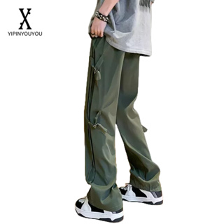 YIPINYOUYOU  ผู้ชายใหม่แฟชั่นวัยรุ่นสีทึบกางเกงหลวมสไตล์เกาหลีสไตล์ฮิปฮอปกางเกงสีเขียวสีดำเสื้อผ้าแฟชั่นผู้ชาย