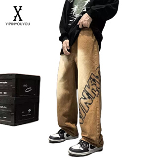 YIPINYOUYOU กางเกงยีนส์บุรุษญี่ปุ่นพิมพ์ลายตัวอักษรวินเทจผู้ชายกางเกงขายาวฮิปฮอปอเนกประสงค์