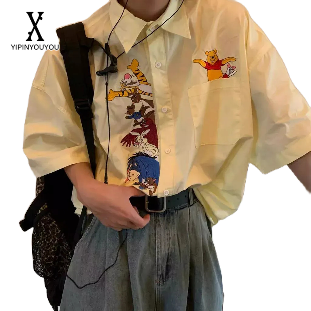 yipinyouyou-เสื้อเชิ้ตแขนสั้นปักลายย้อนยุคสไตล์ฮ่องกงใหม่สำหรับบุรุษเสื้อหลวมแฟชั่นญี่ปุ่นใส่ได้ทั้งชายและหญิง