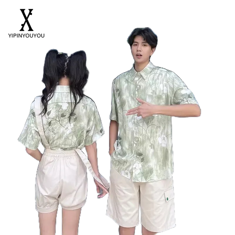 yipinyouyou-เสื้อเชิ้ตผู้ชายแขนสั้น-แฟชั่นสไตล์ฮ่องกง-เสื้อเชิ้ตลายดอก-ดีไซน์ปกพับ-แขนสั้น-ด้านบนใส่ได้ทั้งผู้ชายและผู้หญิง