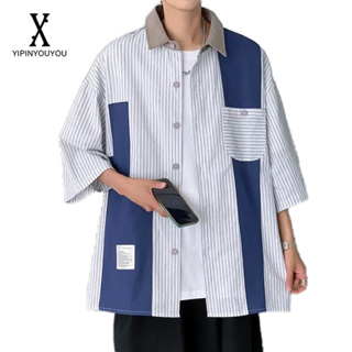 YIPINYOUYOU  2023 ชายใหม่ญี่ปุ่น Retro เย็บ Workwear เสื้อแฟชั่นฮ่องกงสไตล์หลวมเสื้อลายยอดนิยม