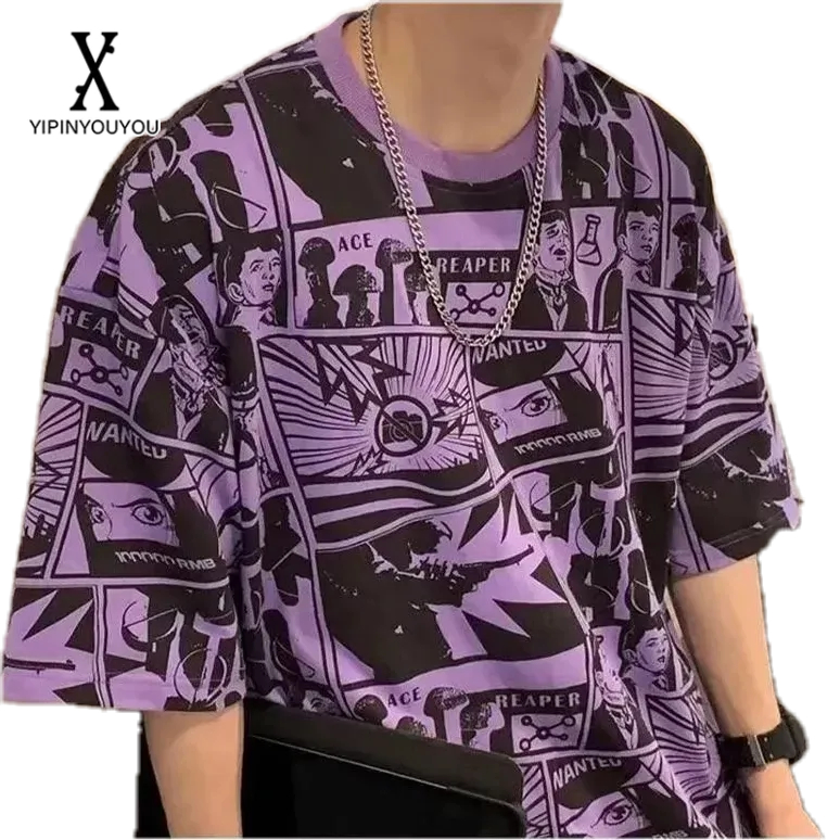 yipinyouyou-เสื้อยืดคอกลมแฟชั่นสไตล์ฮ่องกงใหม่สำหรับผู้ชายแขนสั้นเสื้อยืดพิมพ์ลายเมืองสไตล์ญี่ปุ่น
