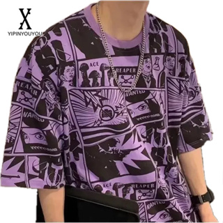 YIPINYOUYOU  เสื้อยืดคอกลมแฟชั่นสไตล์ฮ่องกงใหม่สำหรับผู้ชายแขนสั้นเสื้อยืดพิมพ์ลายเมืองสไตล์ญี่ปุ่น