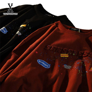 YIPINYOUYOU เสื้อยืดแขนสั้นพิมพ์ลายตัวอักษร 3 มิติสไตล์อเมริกันย้อนยุคแขนสั้นผ้าฝ้ายแท้สำหรับคู่รัก