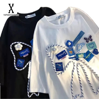 YIPINYOUYOU 2023 ใหม่ผู้ชายผ้าฝ้ายโบว์เสื้อยืดแขนสั้นคู่เพื่อนที่ดีเสื้อยืดใส่ได้ทั้งชายและหญิง