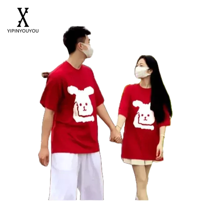 yipinyouyou-เสื้อแขนสั้นสีแดงคู่-เสื้อแขนสั้นพิมพ์ลายกระต่ายคู่แขนสั้นเสื้อแขนแขนสั้นคอกลม