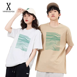 YIPINYOUYOU  2023 ใหม่ผ้าฝ้ายแท้เรียบง่ายพิมพ์เสื้อยืดแขนสั้นแฟชั่น High Sense เสื้อยืดทั้งชายและหญิงสามารถสวมใส่คู่
