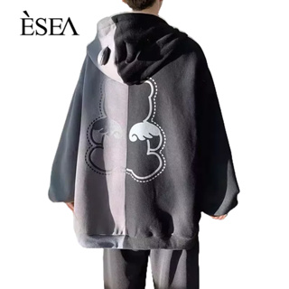 ESEA เสื้อโค้ทผู้ชาย: ฤดูใบไม้ผลิและฤดูใบไม้ร่วงแบรนด์แฟชั่นฮู้ดระดับไฮเอนด์ใหม่สีตัดกันของญี่ปุ่นความคมชัดของวรรณกรรมหลวมแขนยาวเสื้อโค้ทลําลองของผู้ชาย