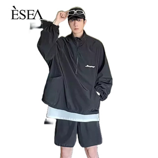 ESEA ชุดกีฬาผู้ชายหลวมสบาย ๆ กางเกงขาสั้นบางเหมาะกับส่วนบางแห้งเร็วระบายอากาศป้องกันรังสียูวี