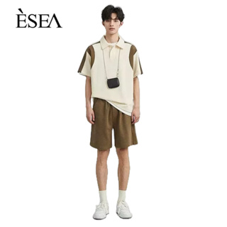 ESEA เสื้อยืดผู้ชายตัดกันเย็บเสื้อโปโล 2023 ฤดูร้อนหลวมสบาย ๆ สไตล์ยุโรปและอเมริกาแฟชั่นวาฟเฟิลเสื้อยืด