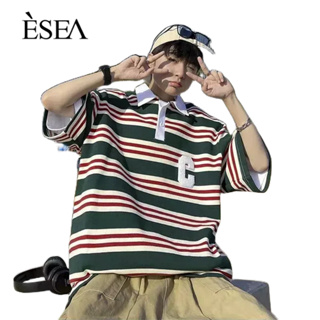 ESEA เสื้อโปโลผู้ชาย, คู่รักปกอเนกประสงค์, เสื้อยืดผู้ชายลำลองหลวม, ลายทางหลวม, แขนสั้นผู้ชายอินเทรนด์