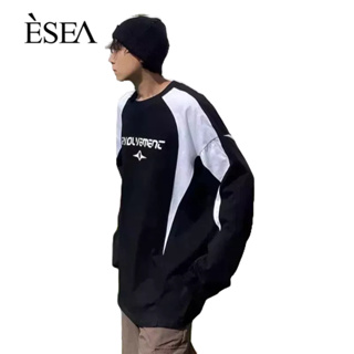 ESEA เสื้อสเวตเตอร์ผู้ชาย 2023 ฤดูใบไม้ผลิและฤดูใบไม้ร่วงบล็อกสีวินเทจผู้ชายอินเทรนด์แบรนด์ป๊อปคอกลมแฟชั่นสตรีทคู่สไตล์เสื้อสเวตเตอร์แขนยาวของผู้ชาย