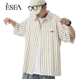 ESEA เสื้อเชิ้ตผู้ชายลายทางสไตล์ญี่ปุ่นแขนสั้นหลวมสบาย ๆ เสื้อเชิ้ตผู้ชาย